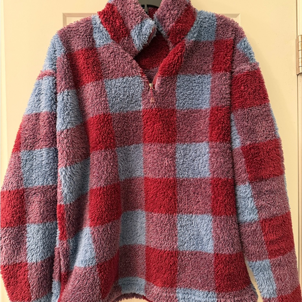 Eddie Bauer Sherpa Red and Blue Plaid Fleece Pullover